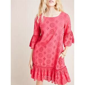 Anthropologie Dani Lace Eyelet Pink Drop Waist Dress Size 8